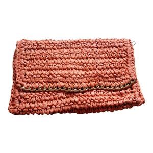 H & M Women's Orange Straw Woven Magnetic Clutch Zip Fold Over‎ Purse 9"